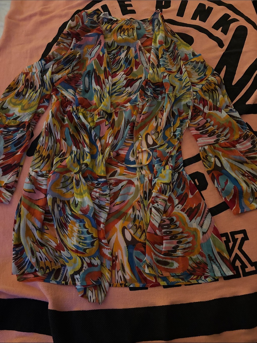 Bleu Rod Beattie Multicolor Sheer Ruffle Blouse - Blue, Yellow, Pink, Brown, Red